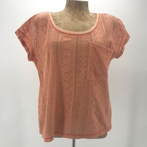Sanctuary Top Womens XS Peach Orange Lace Short Sleeve Crew Neck Pocket Sheer